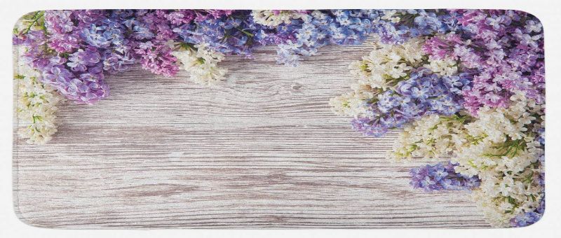 Photo 1 of Ambesonne Rustic Kitchen Mat, Lilac Flowers Bouquet on Wood Table Spring Nature Romance Love Theme, Plush Decorative Kitchen Mat with Non Slip Backing, 47" X 19", Lilac Violet
