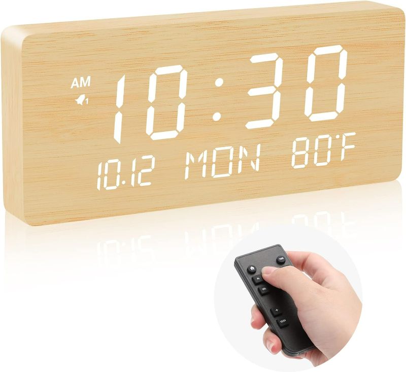 Photo 1 of Andoolex Wooden Digital Wall Clock with Remote Control, 5 Levels Adjustable Brightness, Clear LED Display with Date/Week, 12/24Hr, Indoor Temperature Alarm Clock for Home/Office/Warehouse (Bamboo)
