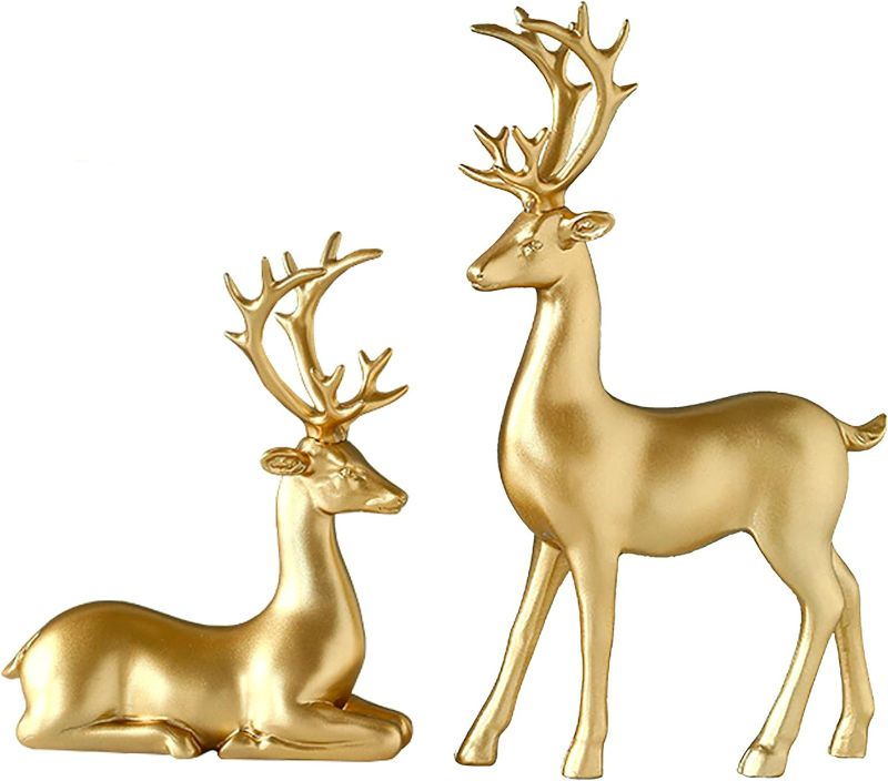 Photo 1 of FANTESTICRYAN 2pcs Reindeer Sculpture Gold Resin Christmas Elk Statues Home Office Decorative Displays for Living Room, Bedroom, Bathroom, Bookshelf, Desktop, Cabinets (Golden Large)
