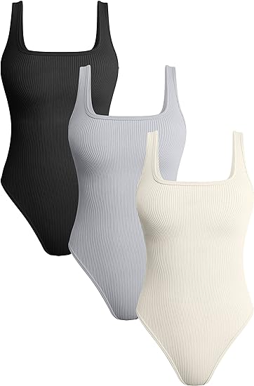 Photo 1 of OQQ Women's 3 Piece Bodysuits Ribbed Square Neck Sleeveless Tank Tops Bodysuits (L)
