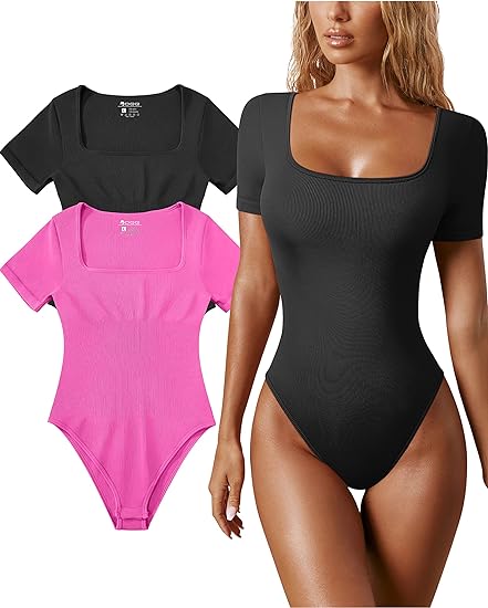 Photo 1 of OQQ Women's 2 Piece Bodysuits Sexy Ribbed One Piece Square Neck Short Sleeve Bodysuits (M)

