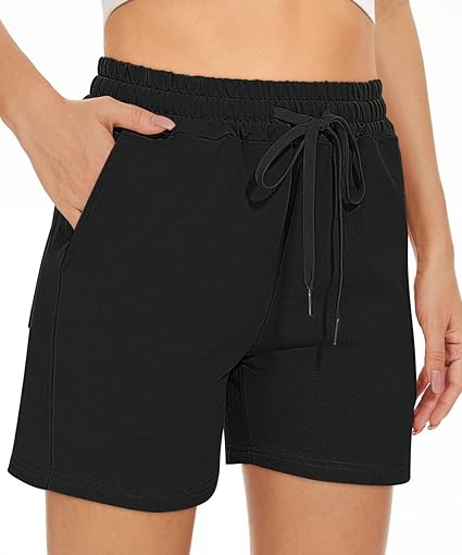 Photo 1 of TARSE Women's Sweat Shorts Summer Casual Comfy Drawstring Waisted Athletic Shorts Elastic Cotton Running Shorts with Pockets (L)
