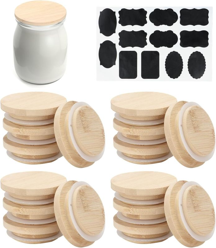 Photo 1 of Homaisson 16 Pcs Yogurt Jar Lids, Natural Bamboo Oui Lids with Silicone Sealing Rings & Labels, Reusable Yogurt Bottle Replacement Caps, Glass Jar Canning Lids
