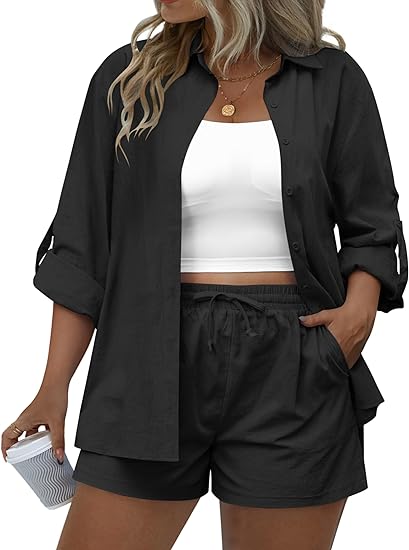 Photo 1 of IN'VOLAND Women's Plus Size 2 Piece Outfits Cotton Linen Shirt and Drawstring Shorts Set Summer Casual Tracksuits 2023 (18W)