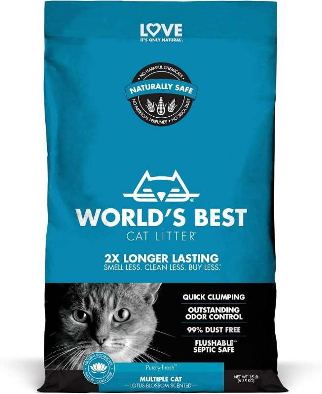 Photo 1 of WORLD'S BEST CAT LITTER Multiple Cat Lotus Blossom Scented 15-Pounds - Natural Ingredients, Quick Clumping, Flushable, 99% Dust Free & Made in USA - Floral Fragrance & Long-Lasting Odor Control
