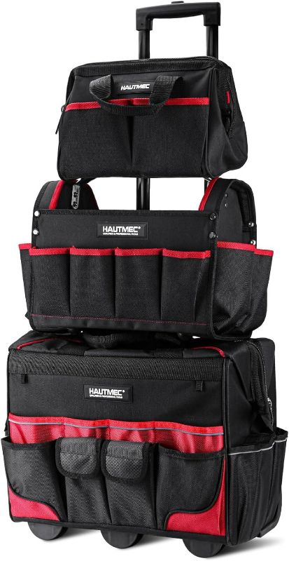 Photo 1 of HAUTMEC 3PCS Tool Organizer Set, 18” Waterproof Tool Bag with Wheels,15” Electrician Tool Tote and 12” Wide Mouth Tool Bag 1680D Professional Heavy Duty and Portable Rolling Tool Bag HT0287-TB
