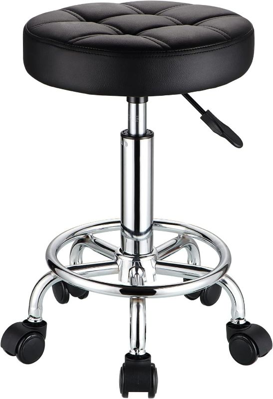 Photo 1 of  Round Rolling Stools PU Leather Seat Height Adjustable Swivel Stool with Wheels Black