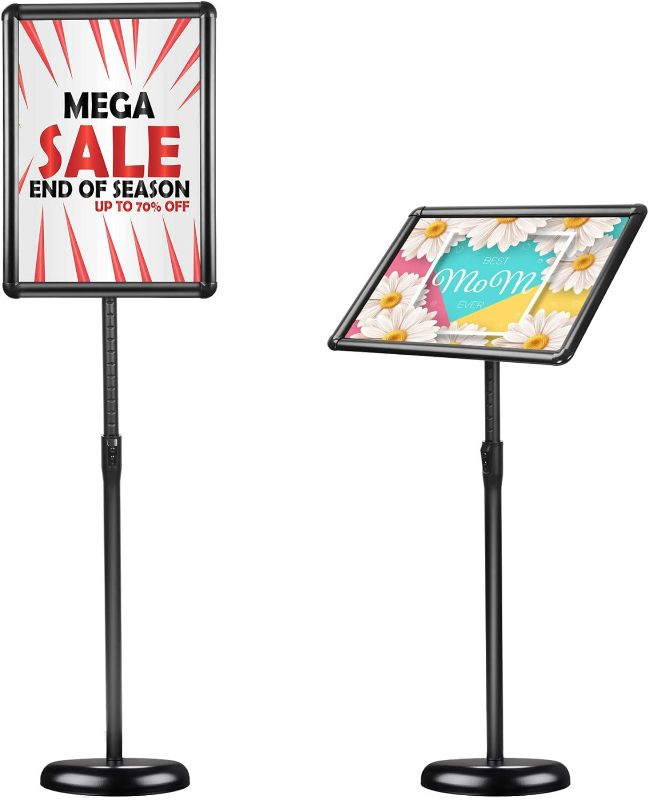 Photo 1 of SUERUI Sign Holder 8.5x11 Inch, Adjustable Floor Sign Stand with Heavy Duty Base, Aluminum Poster Frame, Both Vertical and Horizontal View Displayed, 2 Pack Black

