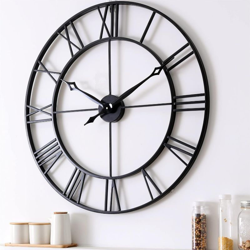 Photo 1 of CLXEAST 30 Inch Large Wall Clock Modern, Oversized Roman Numeral Decorative Art Classic Metal Wall Clock, Indoor Silent Clock for Living Room Decor,Fireplace,Office- Black(30") Matt Black 30 Inch