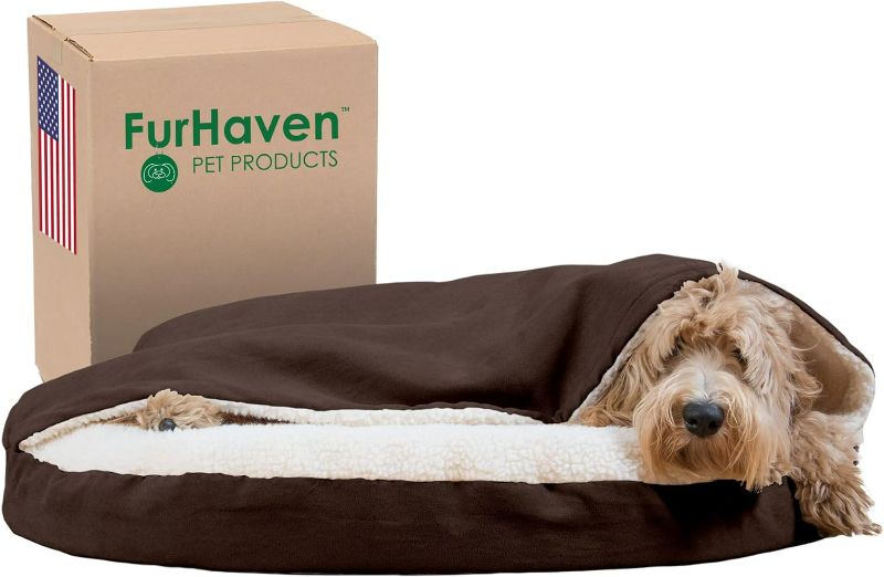 Photo 1 of Furhaven 35" Round Orthopedic Dog Bed for Large/Medium Dogs w/ Removable Washable Cover, For Dogs Up to 50 lbs - Sherpa & Suede Snuggery - Espresso, 35-inch
