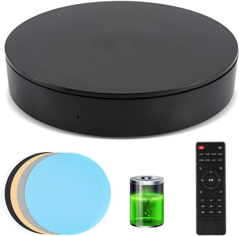 Photo 1 of Flyrivergo Photography Turntable 13.7inch/110lb, Rechargeable Battery, Powered, Motorized Rotating Display Stand with Remote Control, 360 Degree Large Display Turntable (Black)
