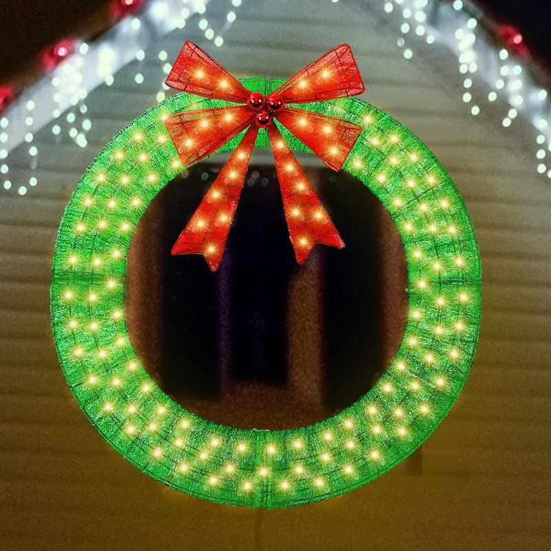 Photo 1 of Jexine 48 Inch Christmas Wreaths Lighted Christmas Wreath for Front Door Outdoor Wreaths with Lights 200 LED Metal Holiday Decor for Indoor Outdoor Decoration (Green)
