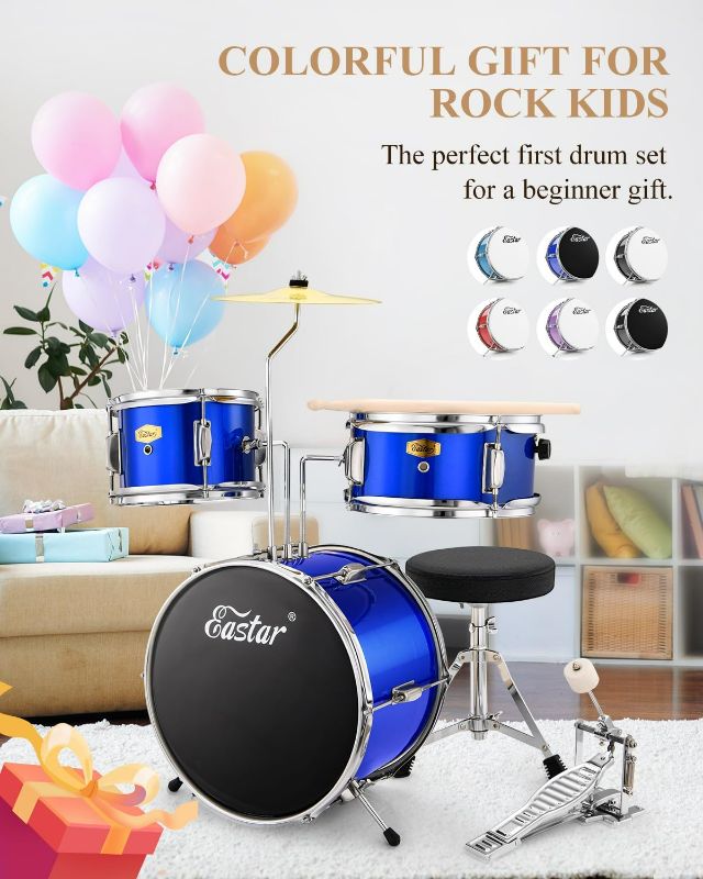 Photo 1 of Drum Set Eastar 14 '' Drum Kit for Kids Beginners, 3-Piece with Adjustable Throne, Cymbal, Pedal & 2 Pairs of Drumsticks, Junior Drum Set with Bass Tom Snare Drum, Mirror Blue
