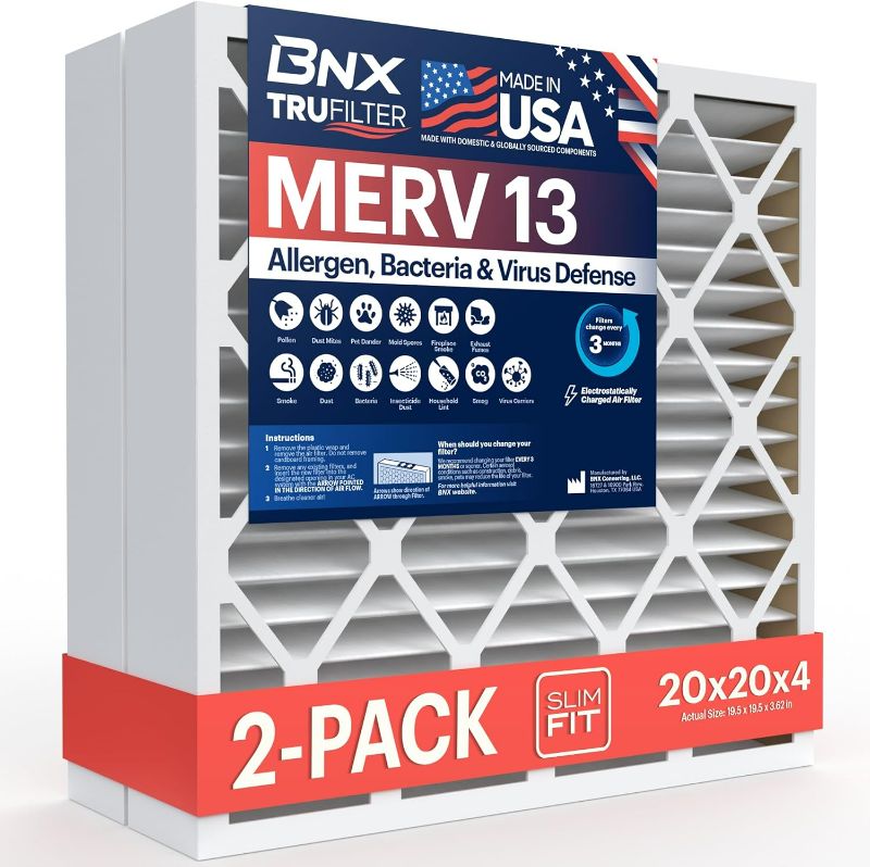 Photo 1 of BNX TruFilter 20x20x4 (19.5’’ x 19.5’’ x 3.63‘’ Slim Fit) MERV 13 Air Filter (2-Pack) - MADE IN USA - Air Conditioner HVAC AC Furnace Filters Health, Allergies, Mold, Bacteria, Smoke, MPR 1900 FPR 10
