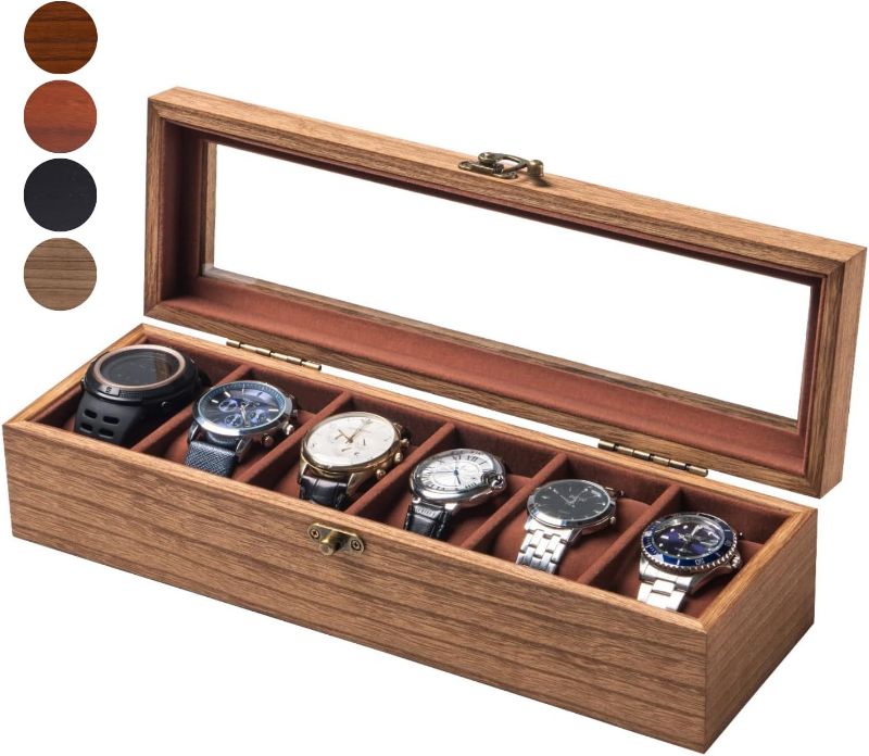 Photo 1 of Exper City Watch Box, Watch Case for Men Women with Large Glass Lid, Wooden Watch Display Storage Box with 6 - Slots, Retro Burlywood Mens Watch Box Organizer