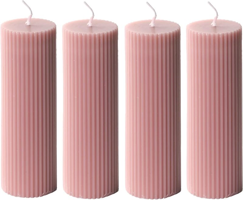 Photo 1 of Ribbed Pillar Candles 2x6'' Fluted Column Modern Home Décor Soy Wax Handmade (4 Packs, Pink Taupe)