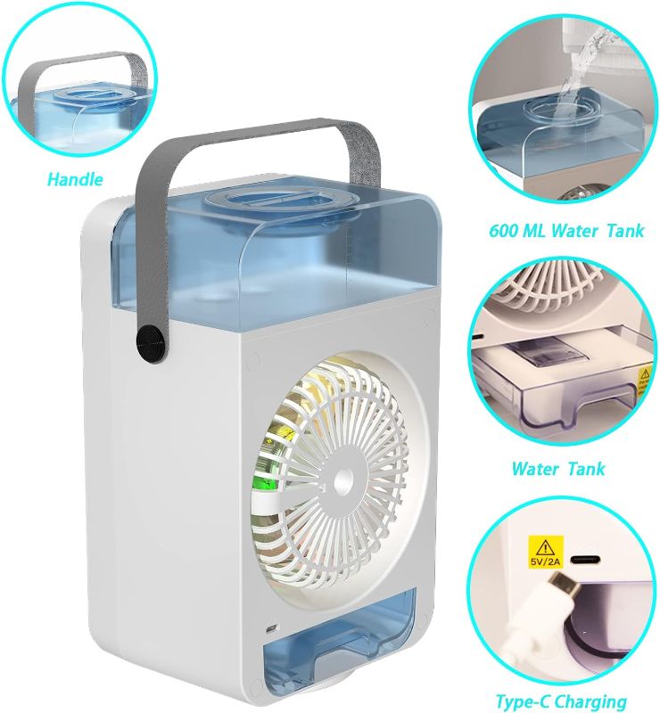 Photo 1 of Portable Air Conditioner, 120°Oscillating Evaporative Personal Air Cooler with 4 Speeds Rainbow LED Light,2 Spray Humidify,2/4/6H Timer,600ml Tank,Low Noise, Desktop Office, Home, Bedroom, Dormitory