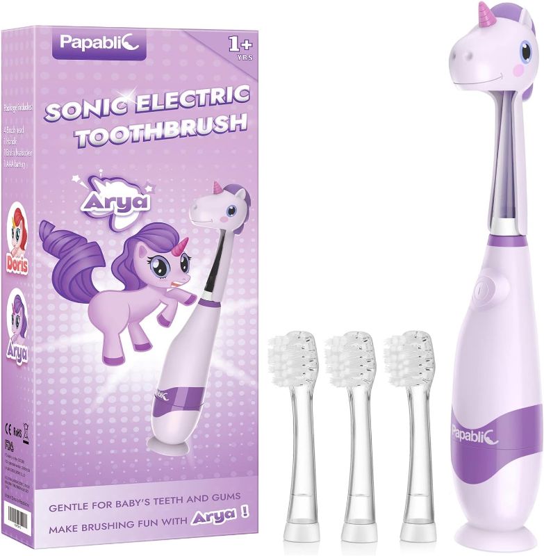 Photo 1 of Papablic Toddler Sonic Electric Toothbrush for Ages 1-3 Years, Baby Electric Toothbrush with Cute Unicorn Cover and Smart LED Timer, 4 Brush Heads (Arya)
