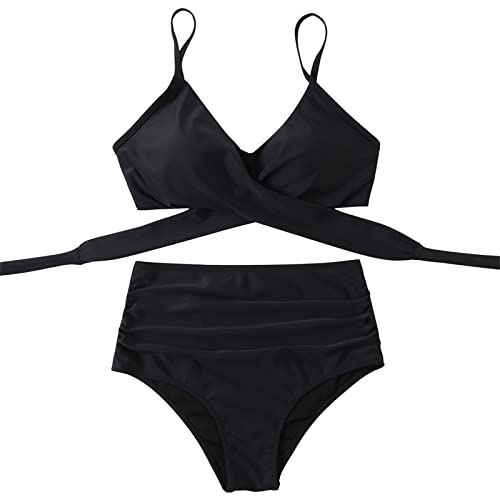 Photo 1 of SUUKSESS Women High Waisted Bikini Criss Cross Swimsuits Push Up Bathing Suits (S, Black), 