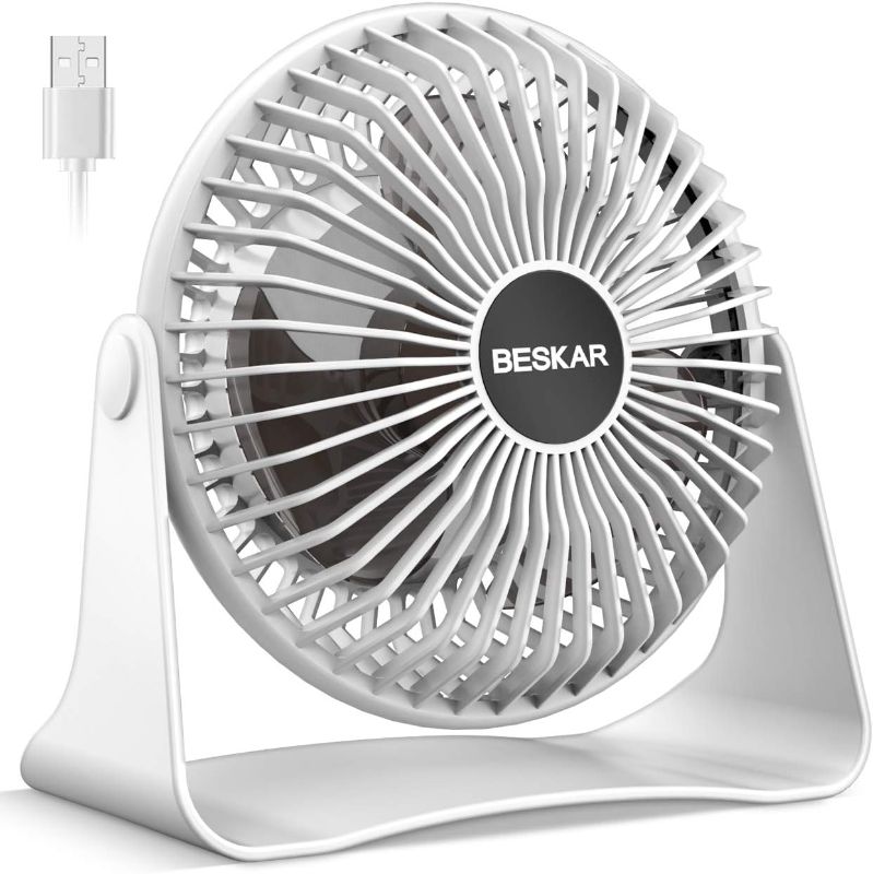 Photo 1 of BESKAR USB Small Desk Fan, Portable Fans with 3 Speeds Strong Airflow, Quiet Operation and 360°Rotate, Personal Table Fan for Home,Office, Bedroom- 3.9 ft Cord/White