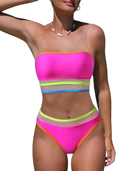 Photo 1 of popvil Two Piece Bikini Sets for Women Strapless Cutout Bathing Suits High Waisted Swimsuit SMALL