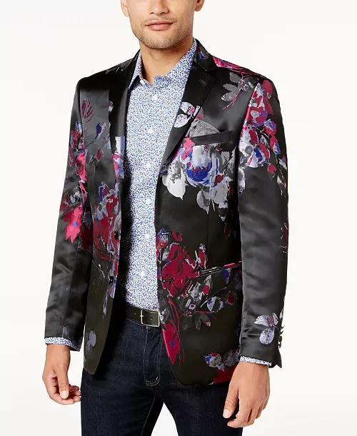 Photo 1 of Orange Men's Slim-Fit Black, Blue and Red Floral Print Dinner Jacket