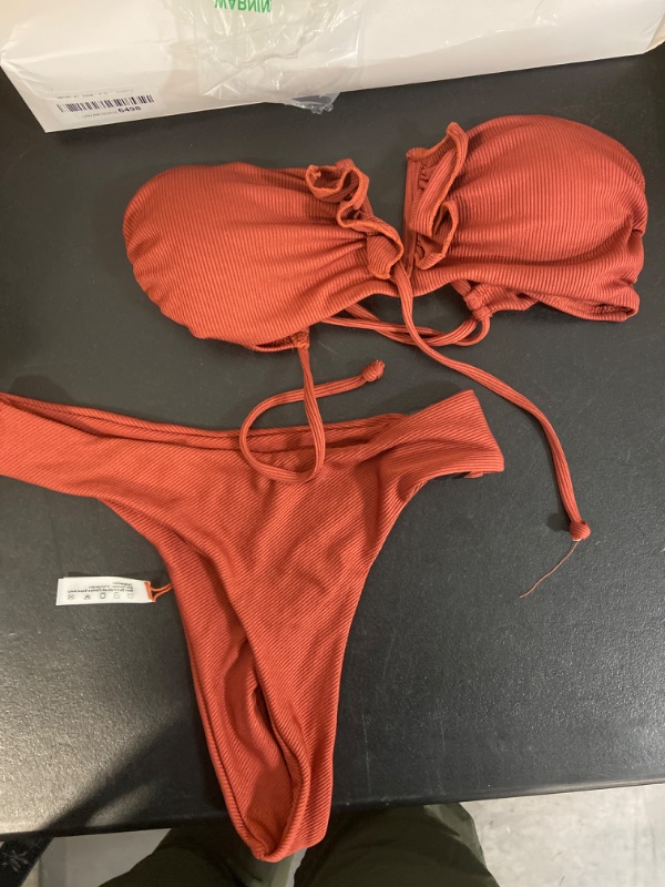 Photo 2 of ZAFUL Ribbed Halter O-ring Tie Bikini Swimwear - Orange 