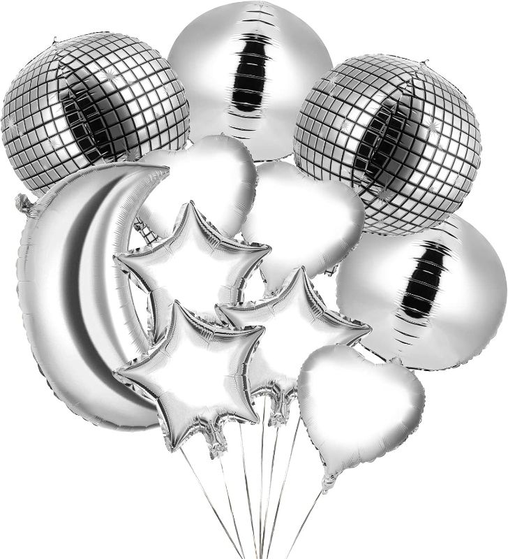 Photo 1 of 12 Pieces Foil Moon Balloons Set 4D Metallic Silver Round Balloons Large Foil Star and Moon Balloons Heart Shape Silver Balloon Disco Ball Balloons for Birthday Party Baby Shower Decoration
