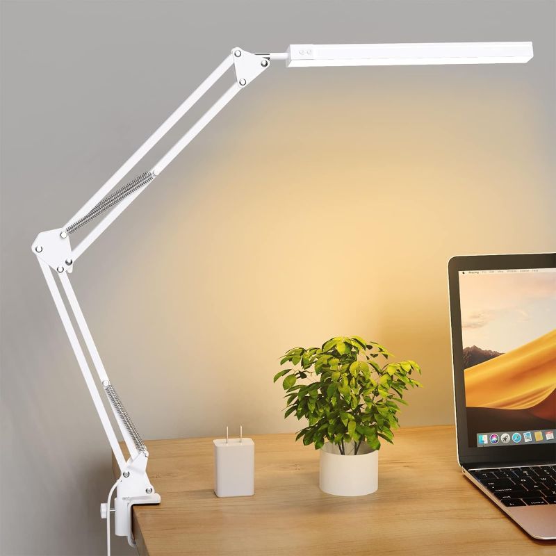 Photo 1 of TROPICALTREE LED Desk Lamp, Swing Arm Desk Light with Clamp, 3 Lighting 10 Brightness Eye-Caring Modes, Reading Desk Lamps for Home Office 360°Spin with USB Adapter & Memory Function white-14W