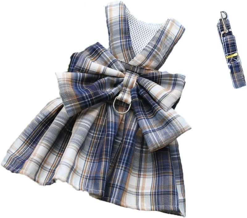 Photo 1 of LtuzPet Plaid Dog Dress Bow Tie Harness Leash Set Princess Dog Wedding Dress Puppy Clothes Summer Dog Skirt for Small Medium Dogs Cats Girls