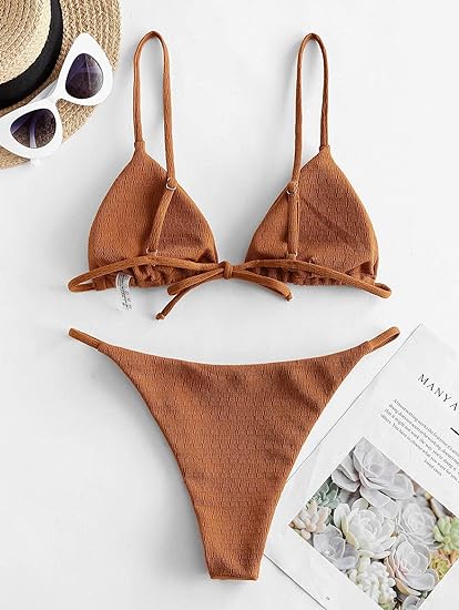 Photo 1 of ZAFUL Women's Sexy Triangle Bikini Set Cami String Swimwear Texture High Cut Thong Swimsuit Cheeky Two Piece Bathing Suit