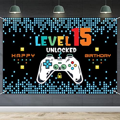 Photo 1 of Happy 15th Birthday Baner Backdrop - Level 15 Unlocked Birthday Decorations Party Supplies for Boys - Blue
