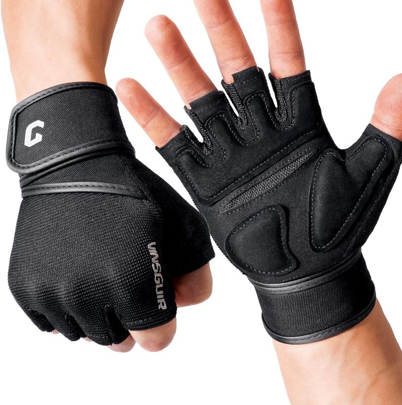Photo 1 of VINSGUIR Padded Weight Lifting Gloves with Wrist Support, Fingerless Grip Workout Gloves for Men and Women, Gym Gloves for Exercise, Weightlifting, Cycling, Pull ups, Rowing, and Climbing