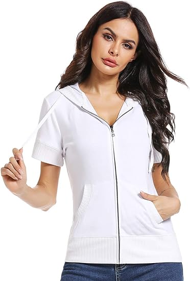 Photo 1 of MISS MOLY Women's Short Sleeve Hoodie Full Zip Up Cotton Slim Fit Sweatshirt Kanga Pocket