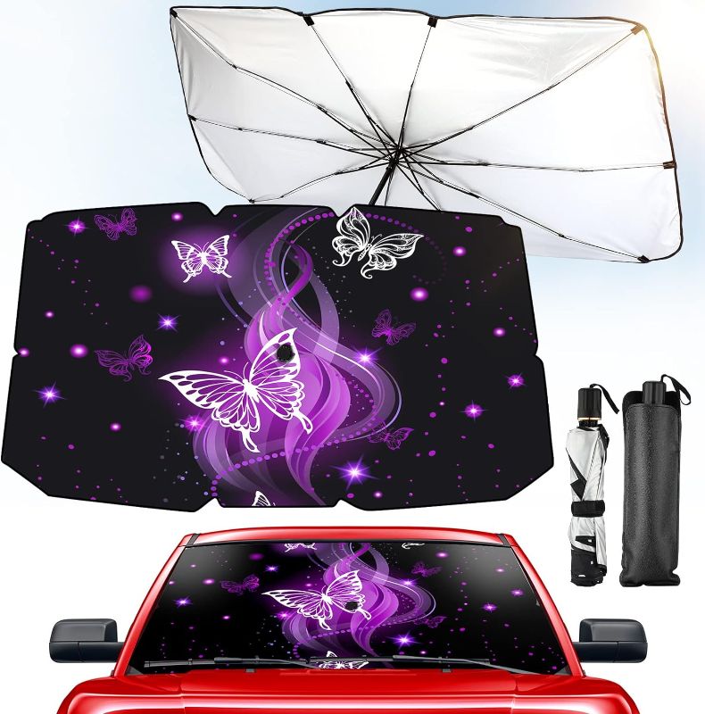 Photo 1 of Car Windshield Sun Shade Umbrella Foldable Butterfly Car Sunshade Cover UV Block Sun Visor for Car Windshield Automotive Windshield Shade for Cars, Trucks, SUVs