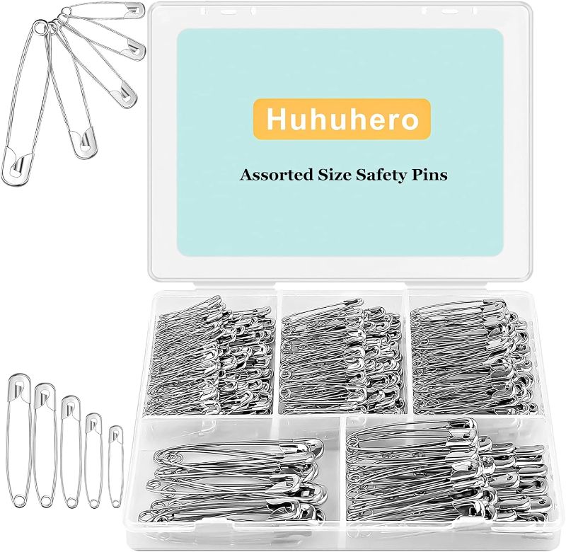 Photo 1 of Safety Pins Assorted, 340-Pack 5 Different Sizes Large Safety Pins Heavy Duty Safety Pin, Safety Pins for Clothes Pins, Small Safety Pins for Sewing, Jewelry Making, Sewing and Crafts Supplies