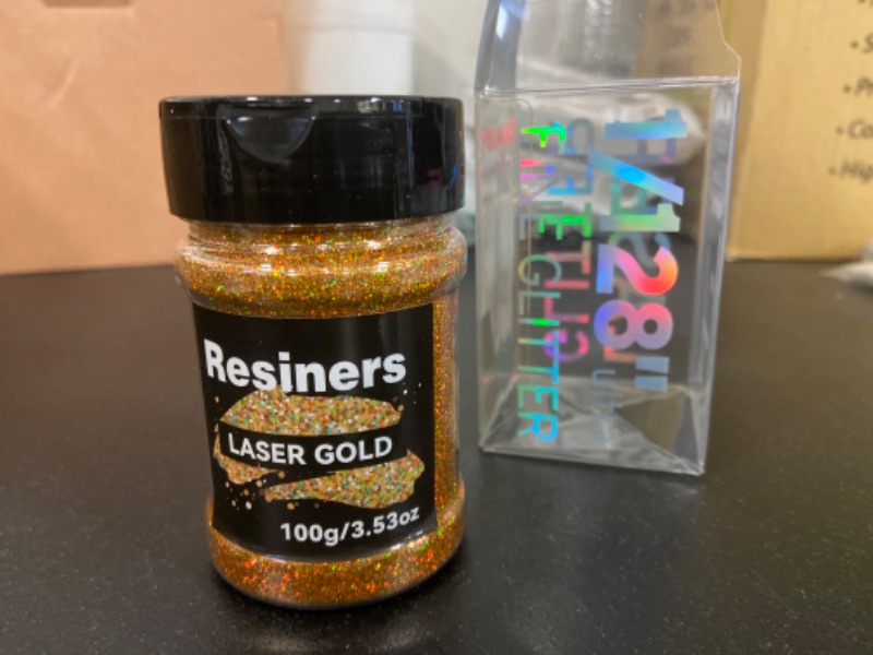Photo 2 of Resiners Holographic Ultra Fine Glitter Powder - 3.53oz/100g, 1/128" Metallic Epoxy Resin Glitter Sequins Flakes for Tumblers,Slime, Nails, Paint, Art Crafts - Laser Gold