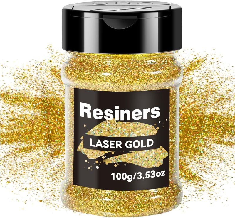 Photo 1 of Resiners Holographic Ultra Fine Glitter Powder - 3.53oz/100g, 1/128" Metallic Epoxy Resin Glitter Sequins Flakes for Tumblers,Slime, Nails, Paint, Art Crafts - Laser Gold