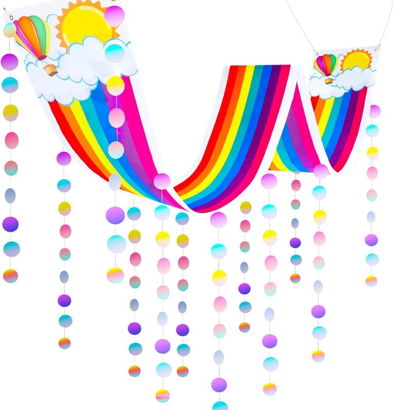 Photo 1 of Spiareal Hanging Rainbow and Cloud Ceiling Decorations Rainbow Party Ceiling Decor with Paper Garland Circle Dots for Birthday Wedding, Baby Shower