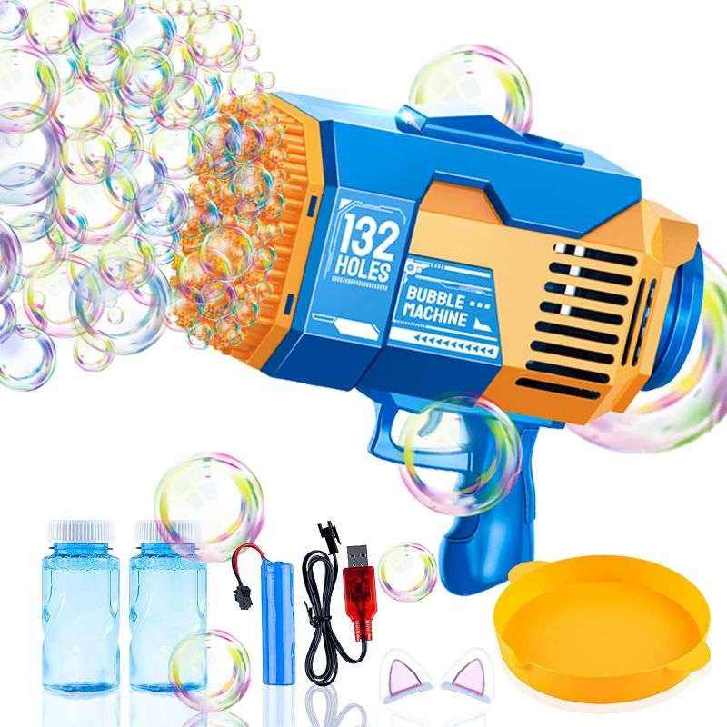 Photo 1 of 132 Holes Bubble Machine Gun, Bubble Machine for Adults Kids, with Bottled Bubble Refill Solution, Summer Toy Gift for Outdoor Indoor Birthday Wedding Party (Blue)