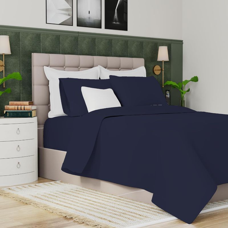 Photo 1 of Purity Home Organic 100% Cotton Percale Twin XL Sheets Set Navy, 3 Piece TwinXL Bed Sheets Set for Dorm Bed, 14" Deep Pockets Cotton Sheet Set, Breathable & Cooling Navy Sheets for Hot Sleepers