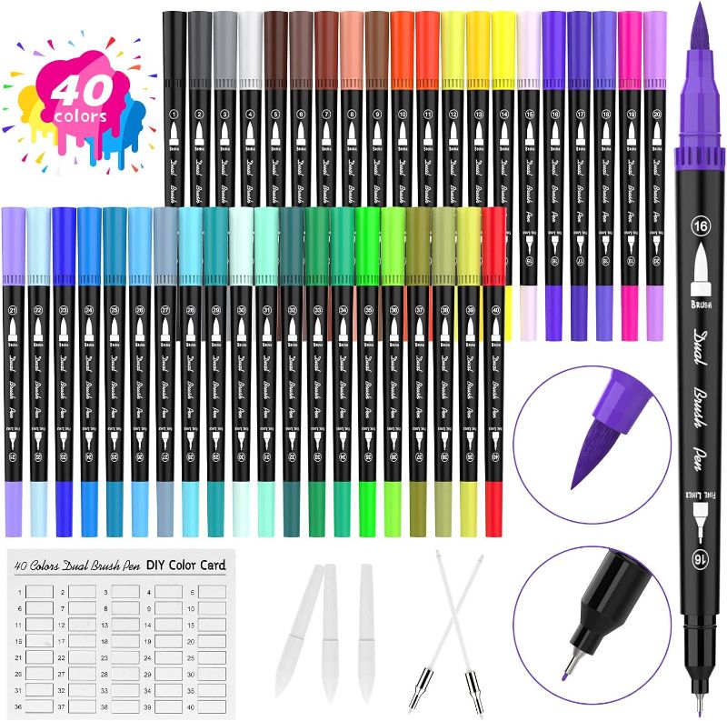 Photo 1 of Dual Tip Coloring Markers, 40 Color Brush Pens Set, Kids Adults Artist Fine Point Marker Pens, Watercolor Pens for Lettering, Drawing, Journaling, Note taking, Writing