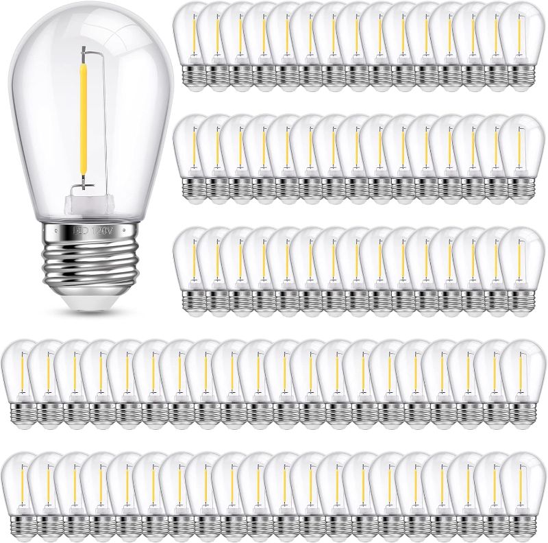 Photo 1 of S14 LED Replacement Light Bulbs Shatterproof Waterproof String Light Replacement Bulb 1w Outdoor LED Bulb Vintage Patio Light Bulb E26 Base 110v Plastic LED Filament Clear Bulb (Warm White, 100 Pcs)