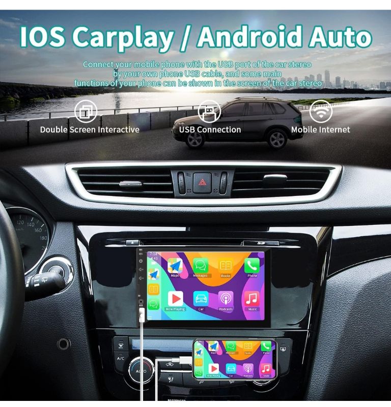 Photo 2 of SANPTENT Double Din Car Stereo with Wireless Apple CarPlay & Android Auto, 7-Inch Full HD Touchscreen, Subwoofer, TF Card Port, Bluetooth, Mirror Link