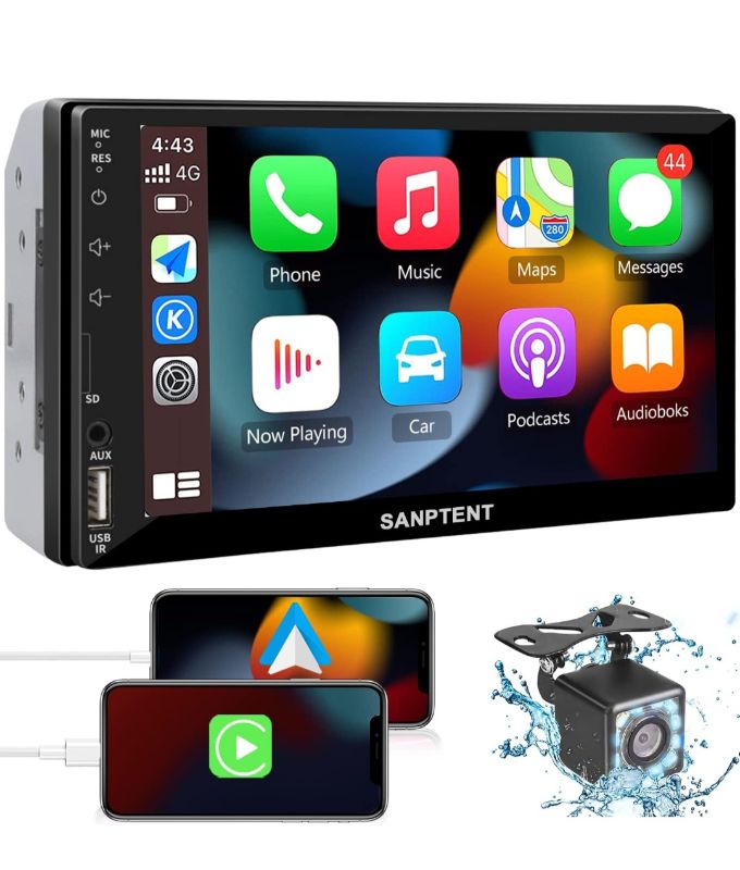 Photo 1 of SANPTENT Double Din Car Stereo with Wireless Apple CarPlay & Android Auto, 7-Inch Full HD Touchscreen, Subwoofer, TF Card Port, Bluetooth, Mirror Link