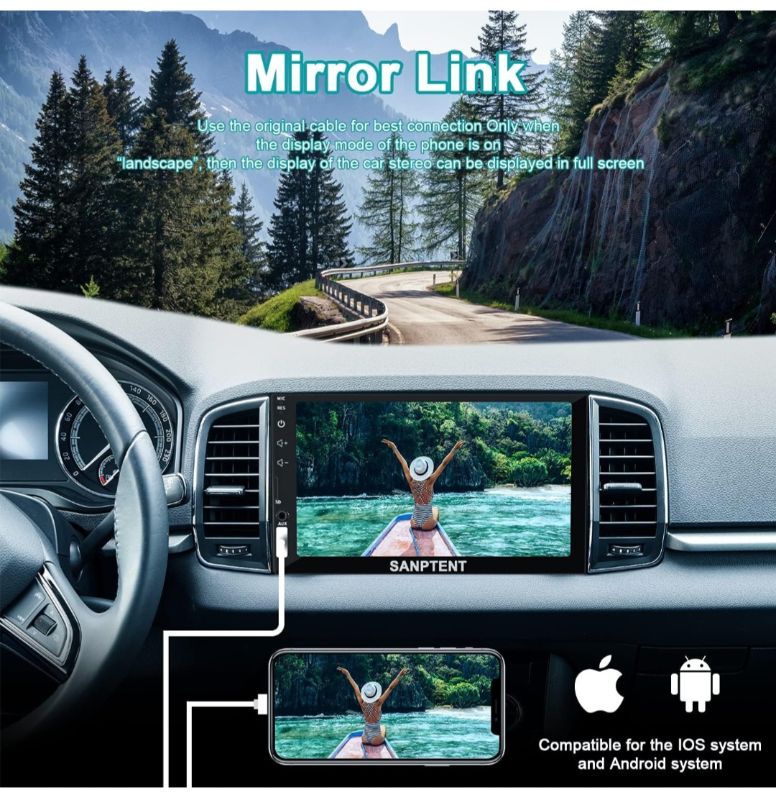 Photo 6 of SANPTENT Double Din Car Stereo with Wireless Apple CarPlay & Android Auto, 7-Inch Full HD Touchscreen, Subwoofer, TF Card Port, Bluetooth, Mirror Link