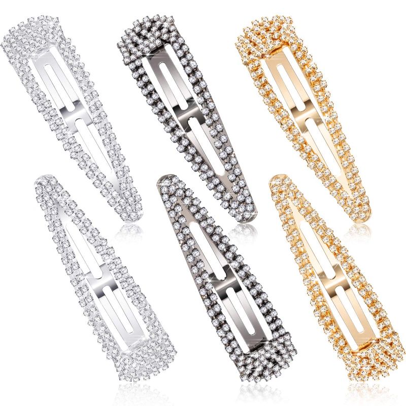 Photo 1 of 6 Pieces Rhinestone Hair Clips 3 Inch Snap Hair Barrettes Bridal Hair Barrettes Pins for Women Girls Wedding Hairpins Hair Accessories (Gold)