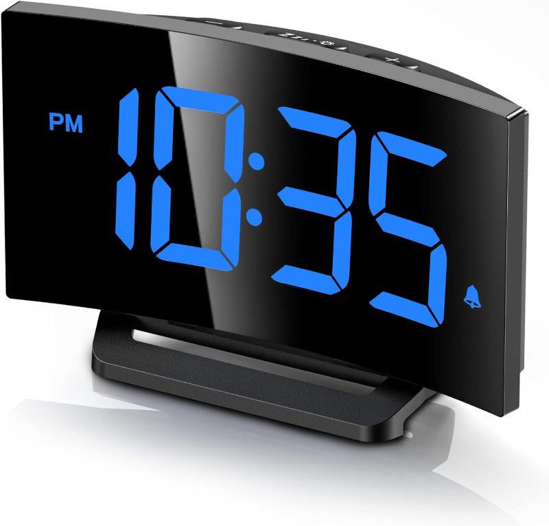 Photo 1 of Digital Alarm Clock for Bedrooms, Digital Clock with Modern Curved Design, Conspicuous Blue LED Numbers, 5 Levels Brightness+Off, 2 Volume, 3 Alarm Tones, Snooze, Power-Off Memory, 12/24H