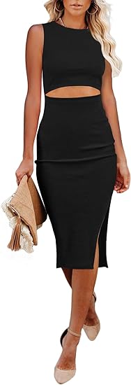 Photo 1 of Pink Queen Women's Crew Neck Sleeveless Cutout Side Slit Knee Length Bodycon Midi Dress