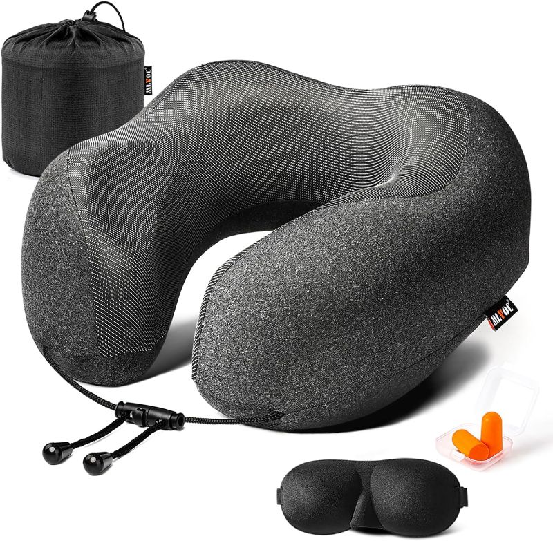 Photo 1 of MLVOC Travel Pillow 100% Pure Memory Foam Neck Pillow, Comfortable & Breathable Cover, Machine Washable, Airplane Travel Kit with 3D Contoured Eye Masks, Earplugs, and Luxury Bag, Standard (Black)